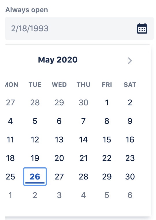 open concept on a Datepicker component in Atlaskit.
