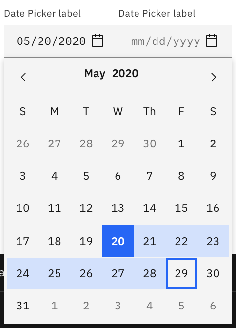 range selected concept on a Datepicker component in Carbon Design System.