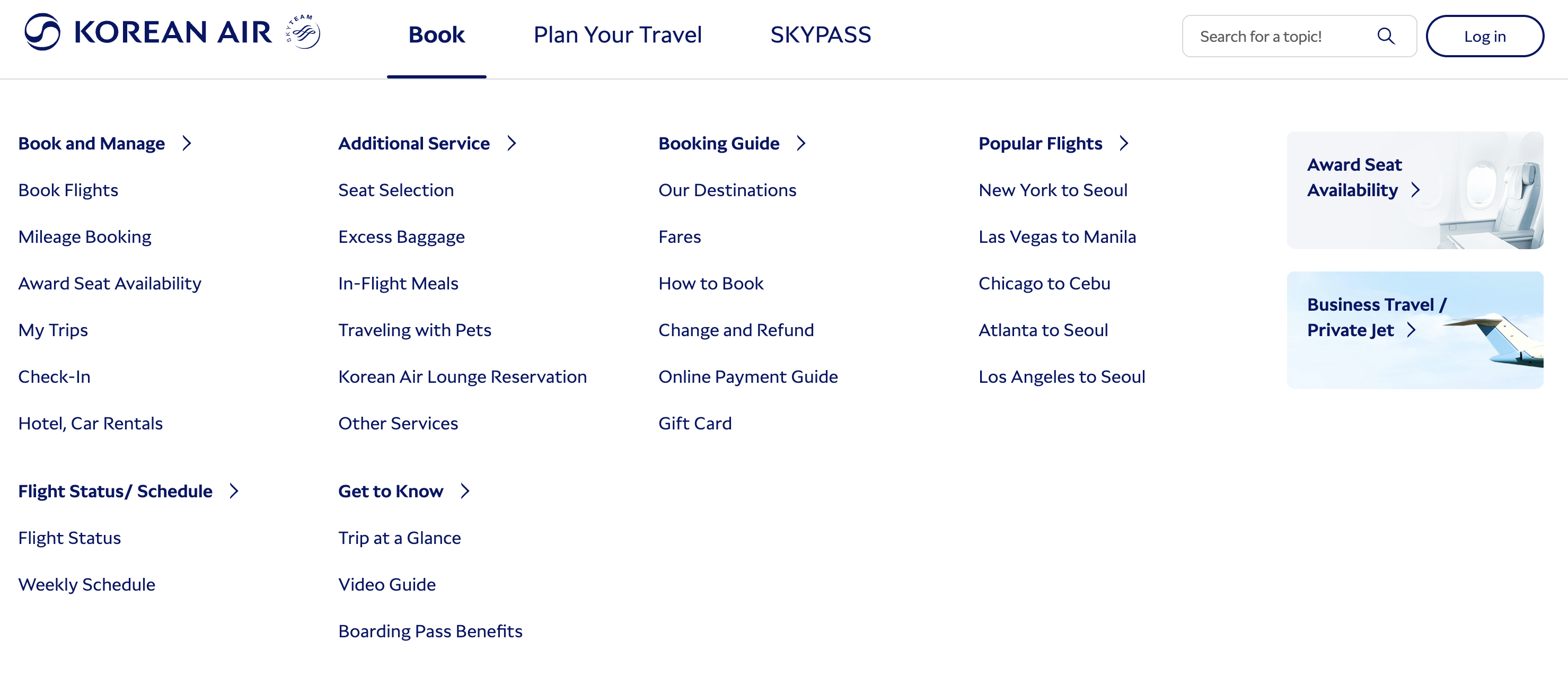 Korean Air navigation mega menu